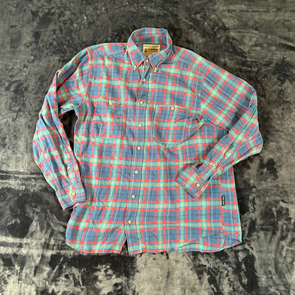 Over Under The Woodsman Shirt Mens Large Blue Red Plaid Flannel Button Down USA